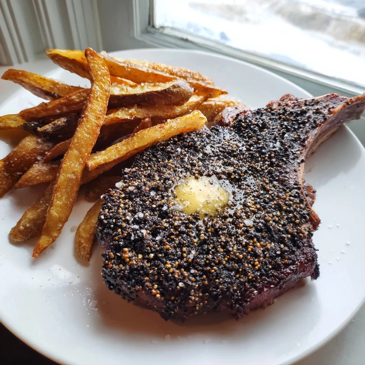 Imagine the juicy Classic Peppercorn Ribeye, beautifully crusted, served with a savory peppercorn sauce and fries.