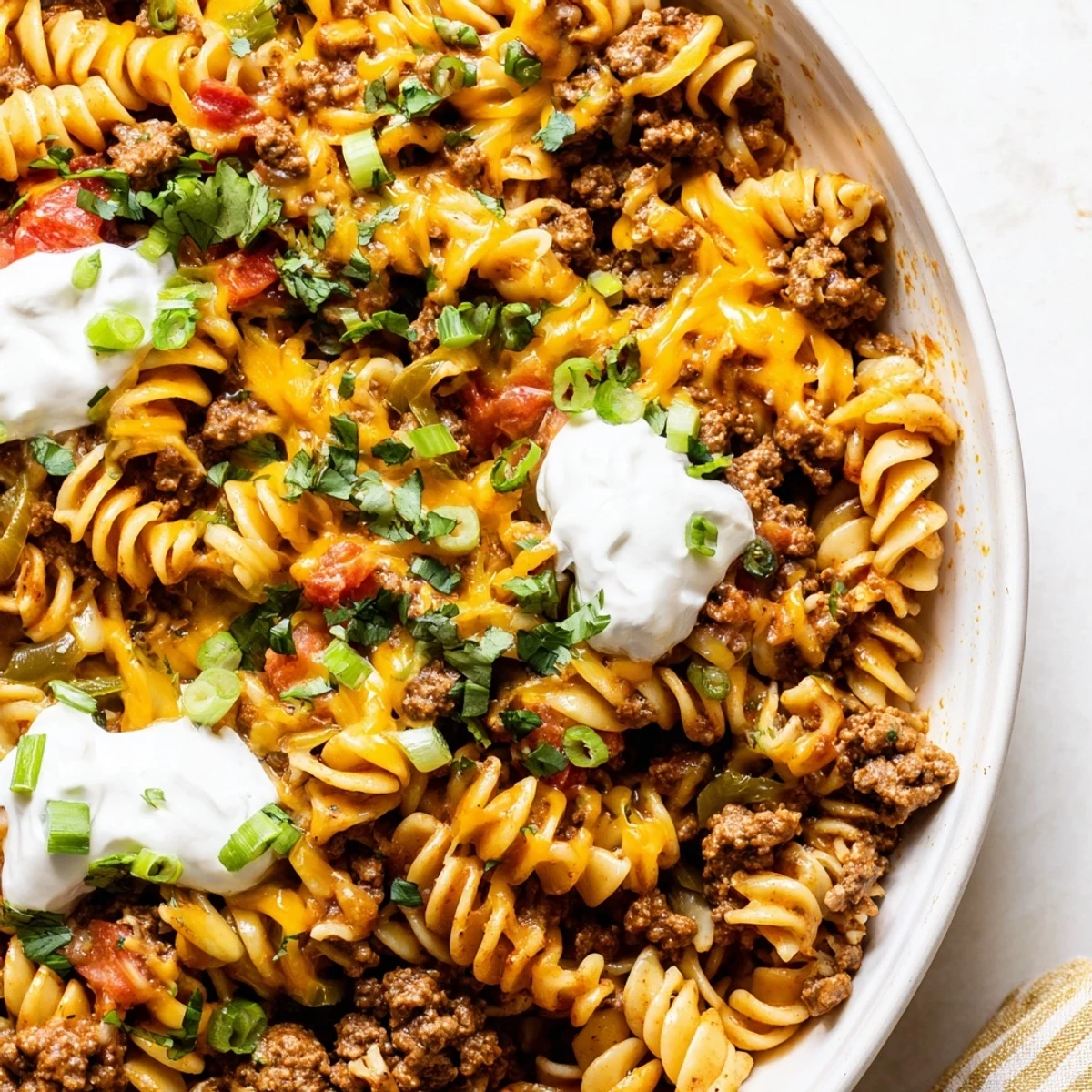 A one-pan delight: This Cheesy Taco Pasta skillet bubbles with melted cheese and savory taco flavors.