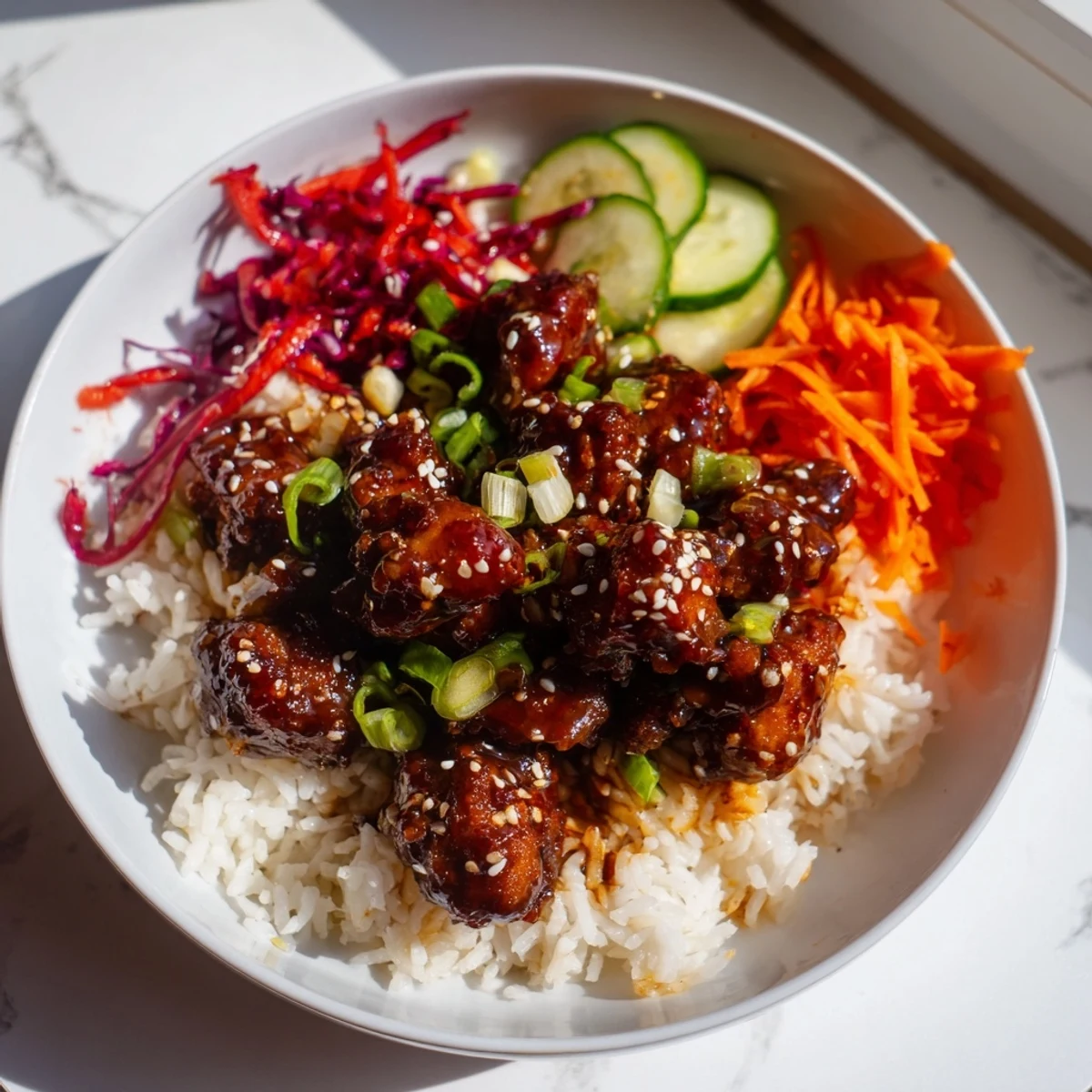 Sriracha Honey Chicken Rice Bowl: A colorful bowl with glistening chicken and vibrant veggie toppings.
