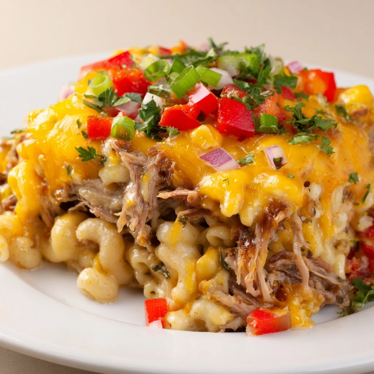 BBQ Rib Macaroni Skillet, bubbling with melted cheese, is a comforting, hearty baked dish.