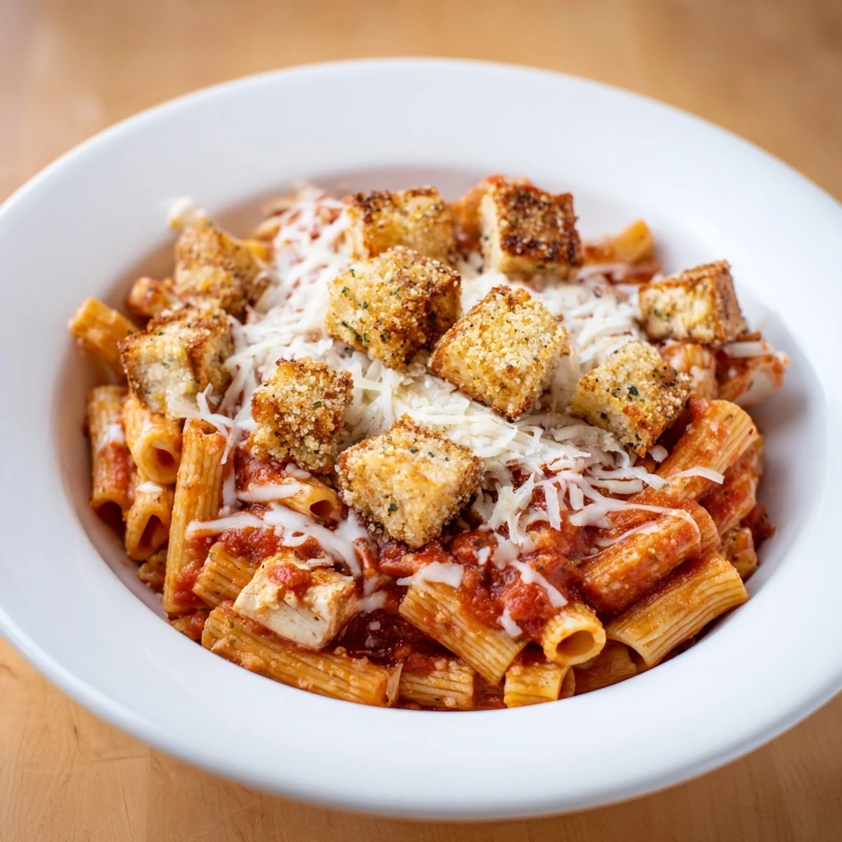 Baked Chicken Parmesan Pasta bubbling in a baking dish, crowned with golden, crispy breadcrumbs.