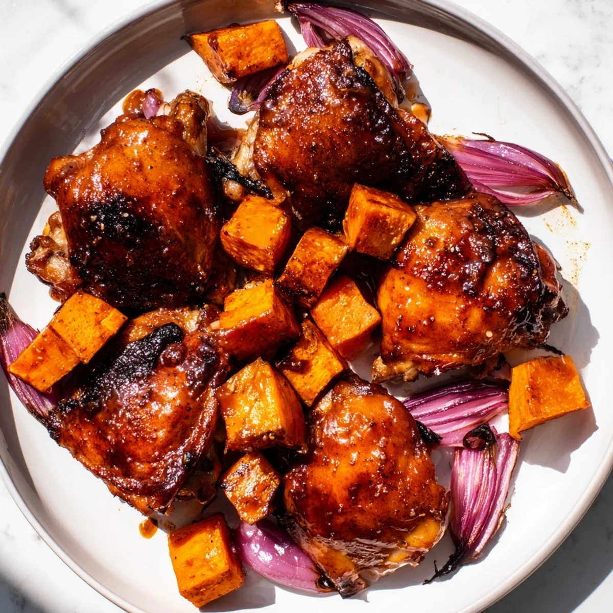 Golden-brown Maple Glazed Chicken & Sweet Potato Bake with tender vegetables and a glistening finish.