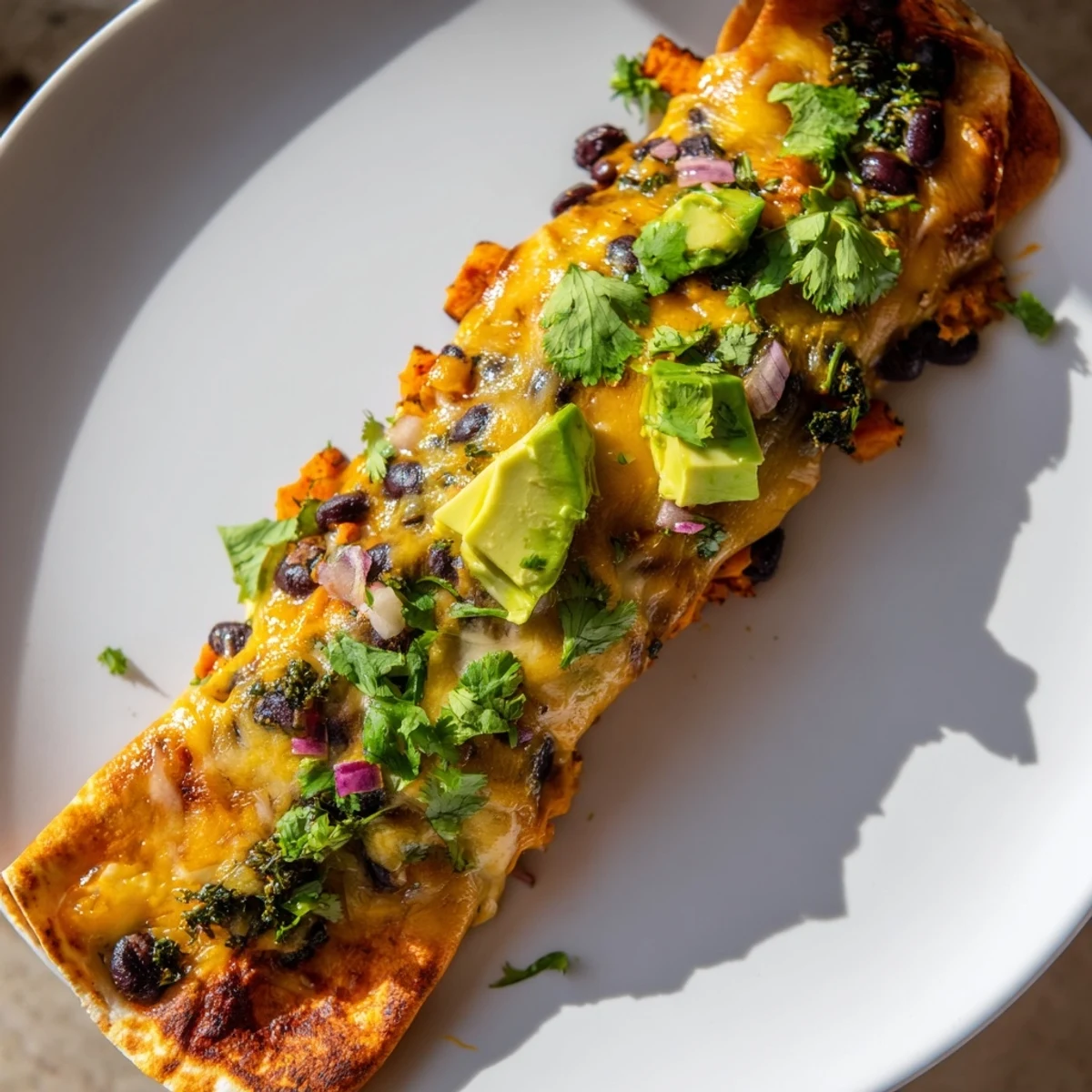 Golden-brown One-Pan Sweet Potato, Black Bean & Kale Enchiladas, layered with melted cheese and fresh herbs.