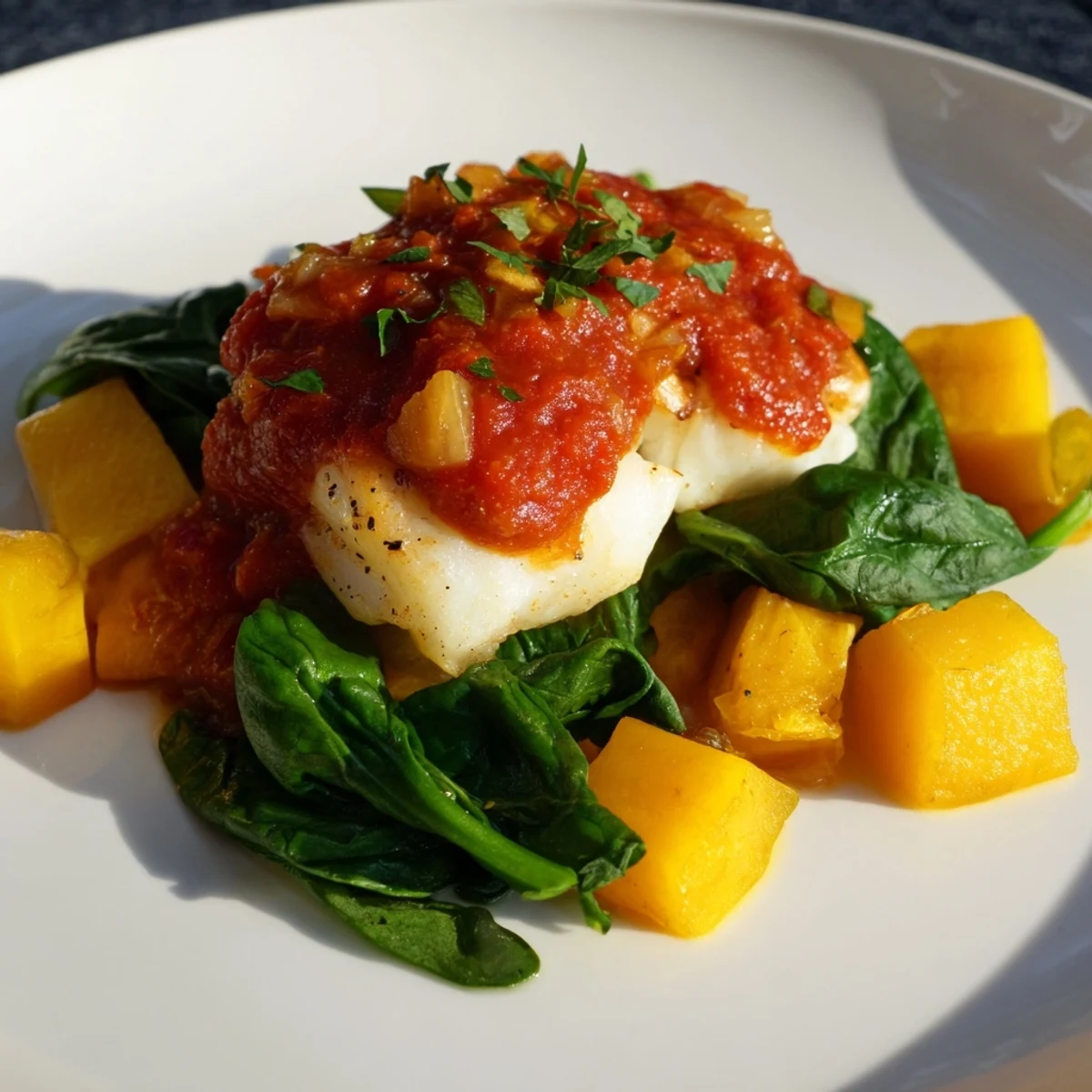 A close-up of flaky Baked Cod with butternut squash, showcasing the vibrant tomato sauce and fresh herbs.
