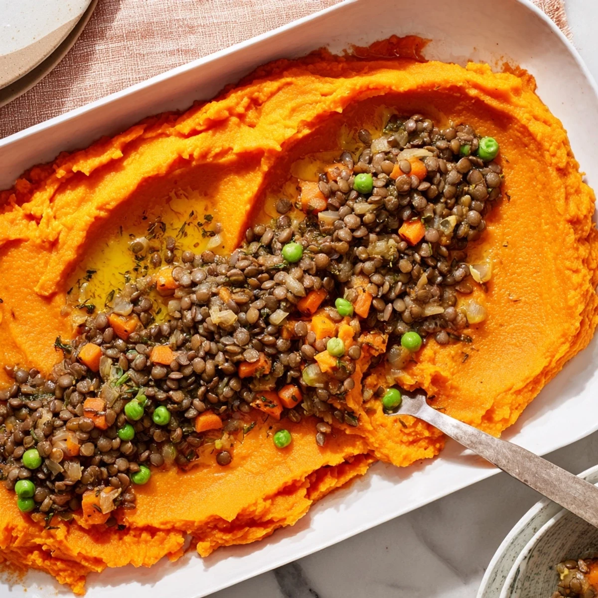 A bubbling Veggie Shepherds Pie with lentils and golden sweet potato mash, ready to serve.