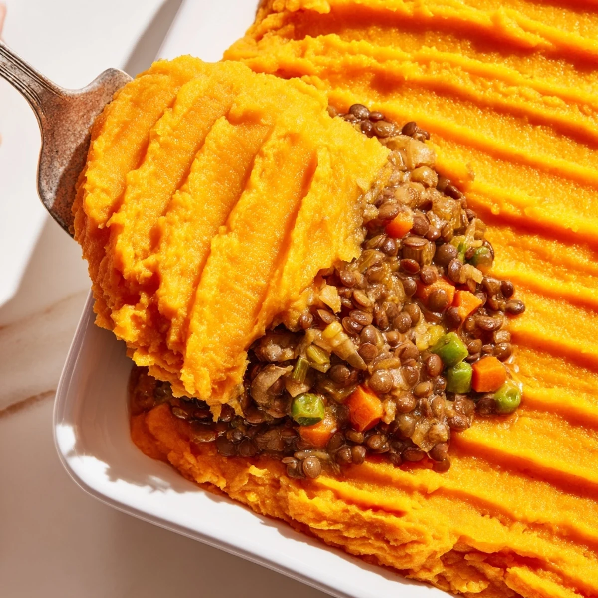 Close-up of a warm and savory Veggie Shepherds Pie, perfect for a comforting weeknight meal.