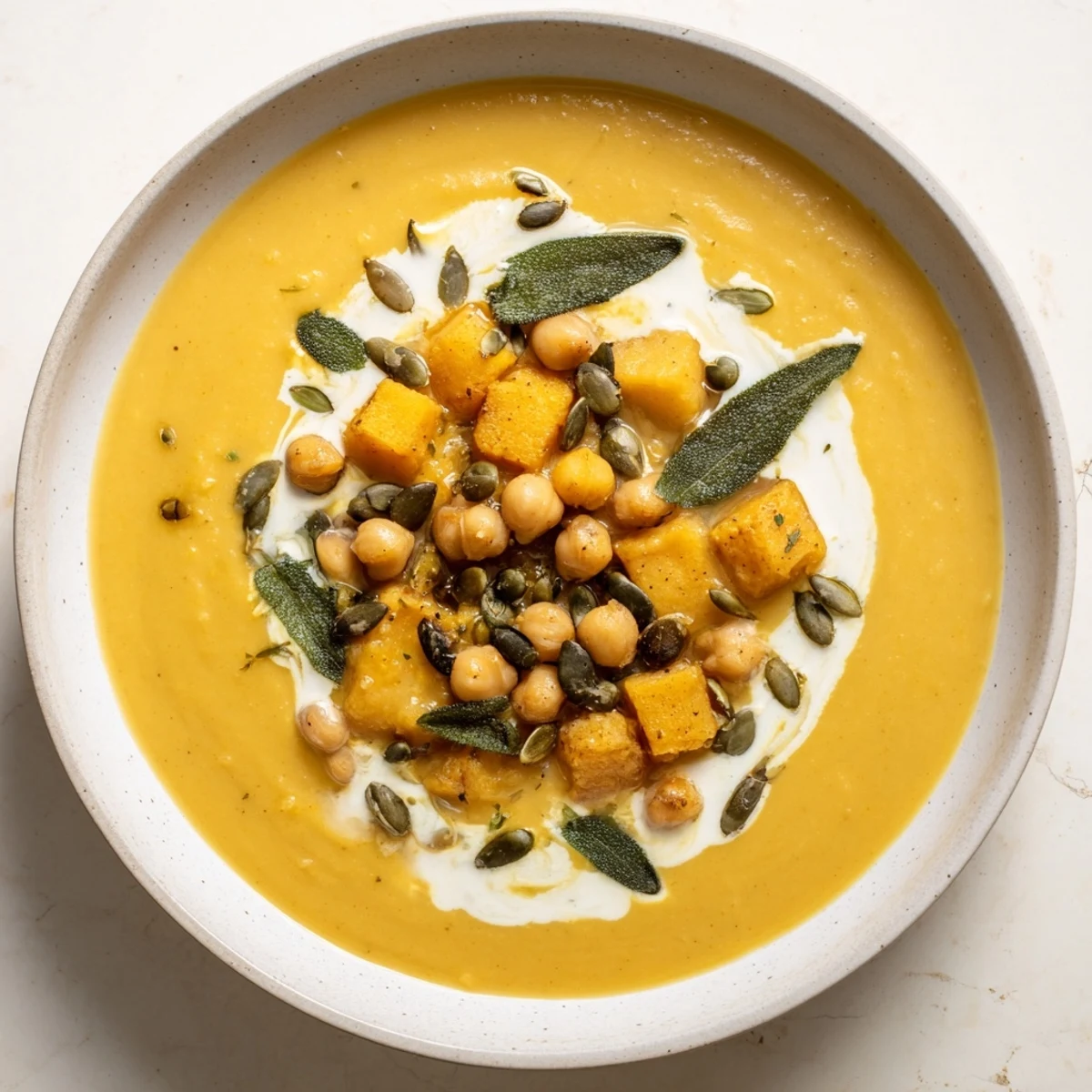 Steamy bowl of Chickpea Pumpkin & Sage Soup garnished with toasted seeds, ready to warm you.