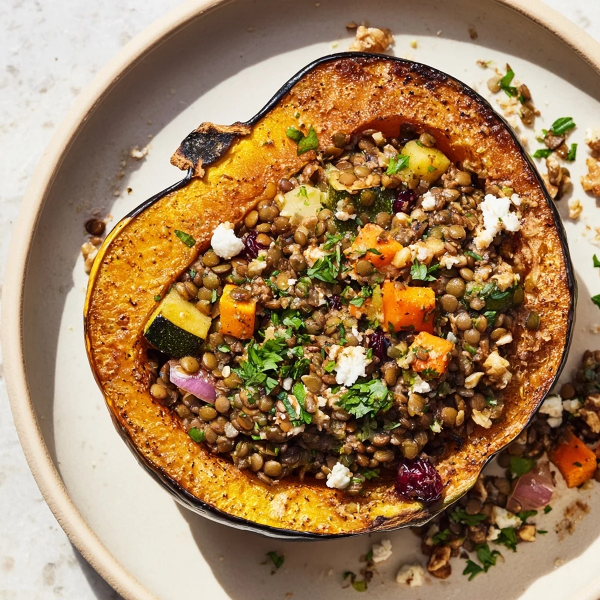 Golden-brown Lentil & Walnut Stuffed Acorn Squash, a warm vegetarian main course, ready to eat.