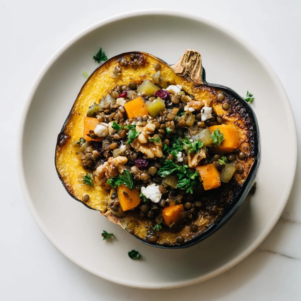 Hearty acorn squash halves overflowing with flavorful lentils and walnuts, a perfect, festive dish.