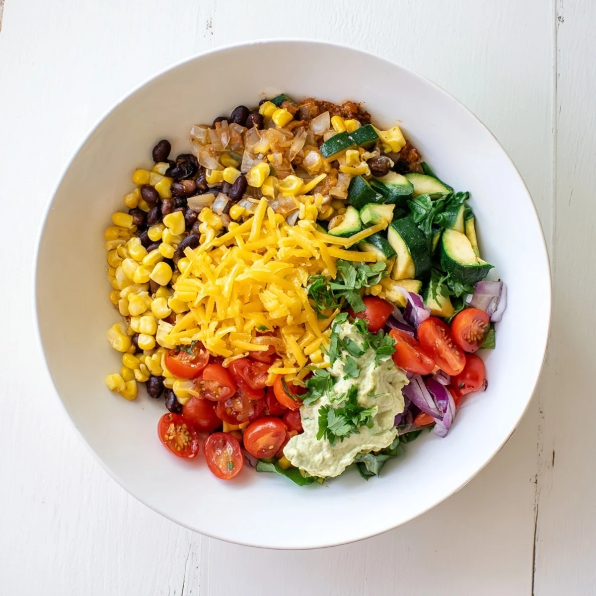 Steaming Veggie-Packed Taco Skillet with avocado yogurt: colorful vegetables, beans, and creamy sauce, a complete meal.