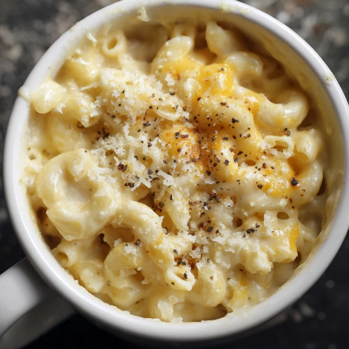 Steaming hot mug mac & cheese, the perfect solo meal, ready after only minutes in the microwave.