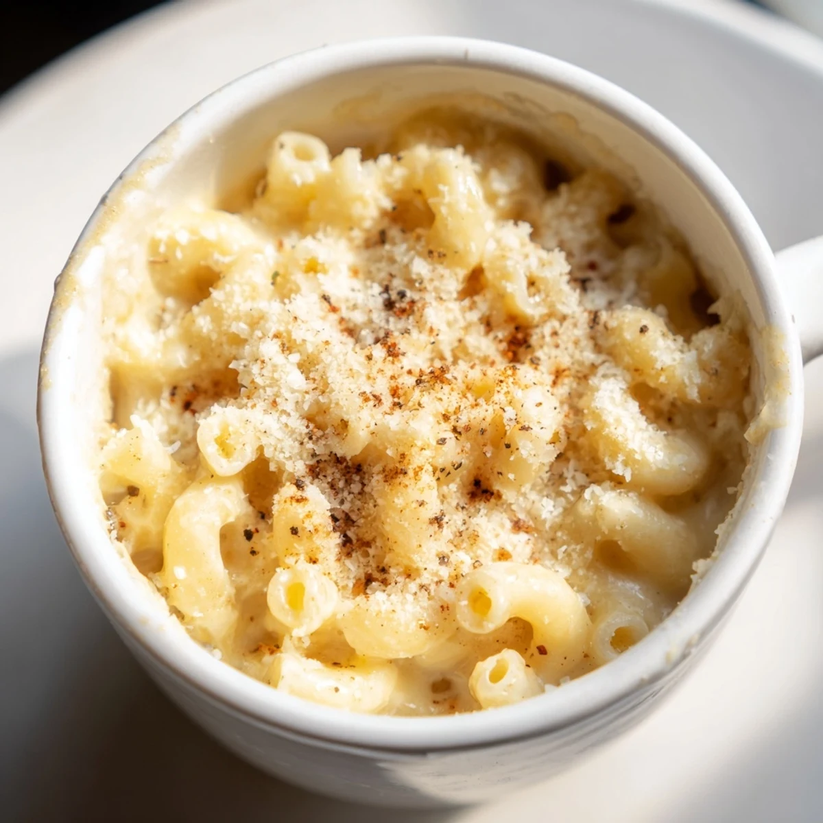 A close-up of creamy, cheesy mug mac & cheese, sprinkled with paprika, ready to eat & enjoy.