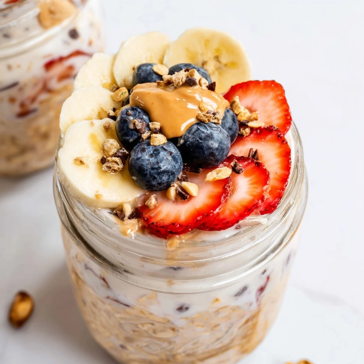 Creamy Overnight Oats Jars with layers of ripe fruit and peanut butter, ready for a healthy morning.