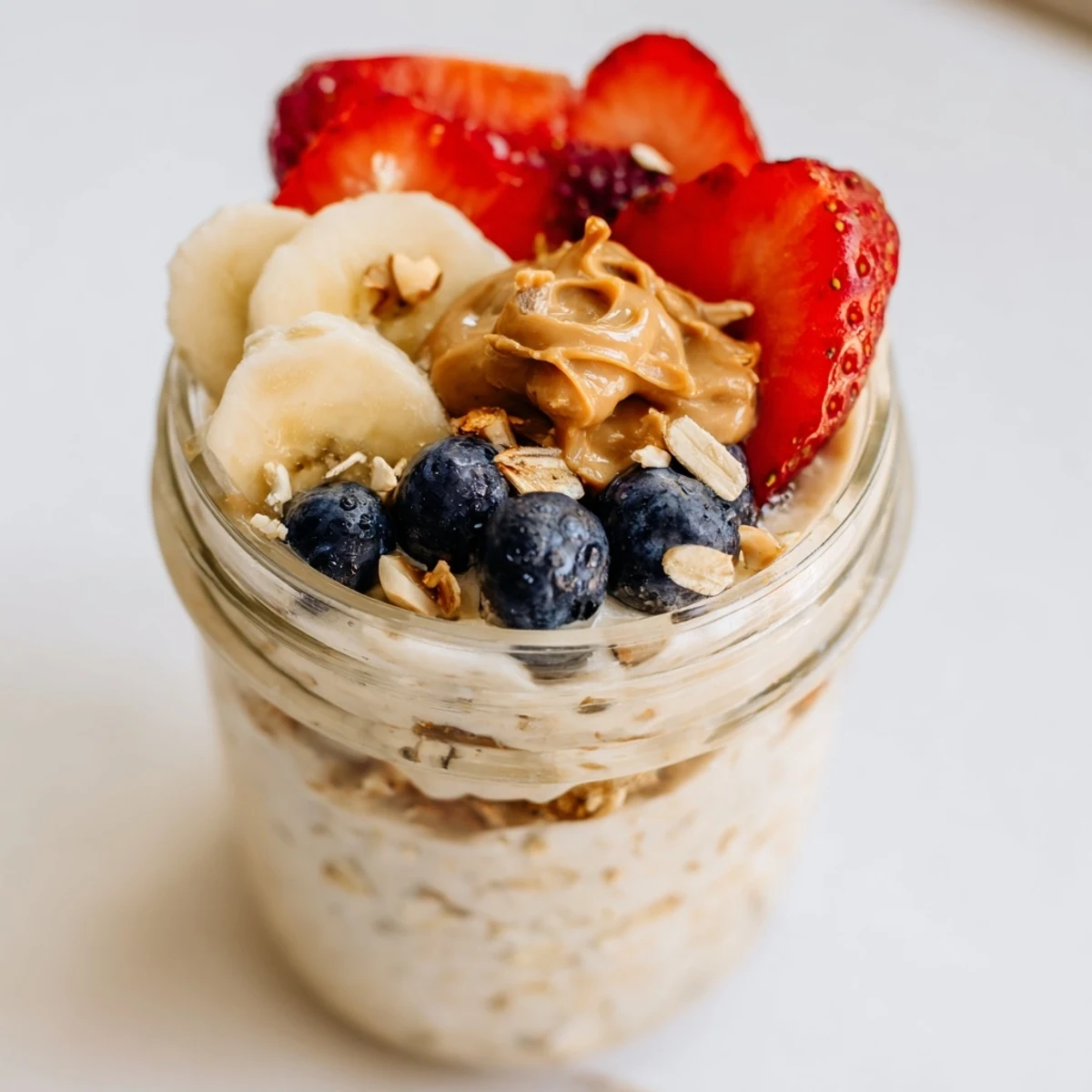 Enjoy a layered jar of Overnight Oats: creamy oats, fruit, and peanut butter, a delightful breakfast.