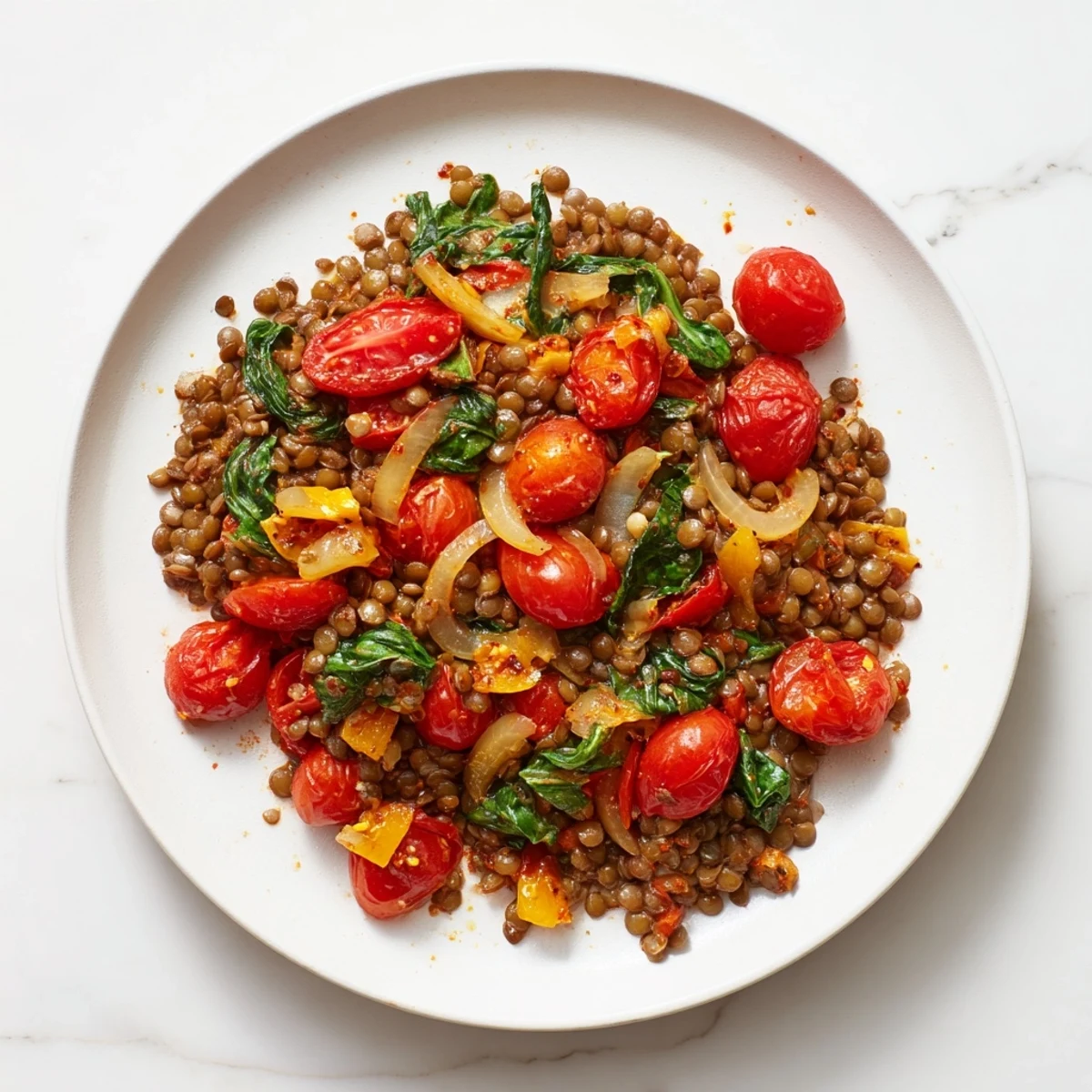 Steaming Lentil-Tomato Skillet, garnished with fresh herbs, a vibrant and flavorful vegetarian main dish.