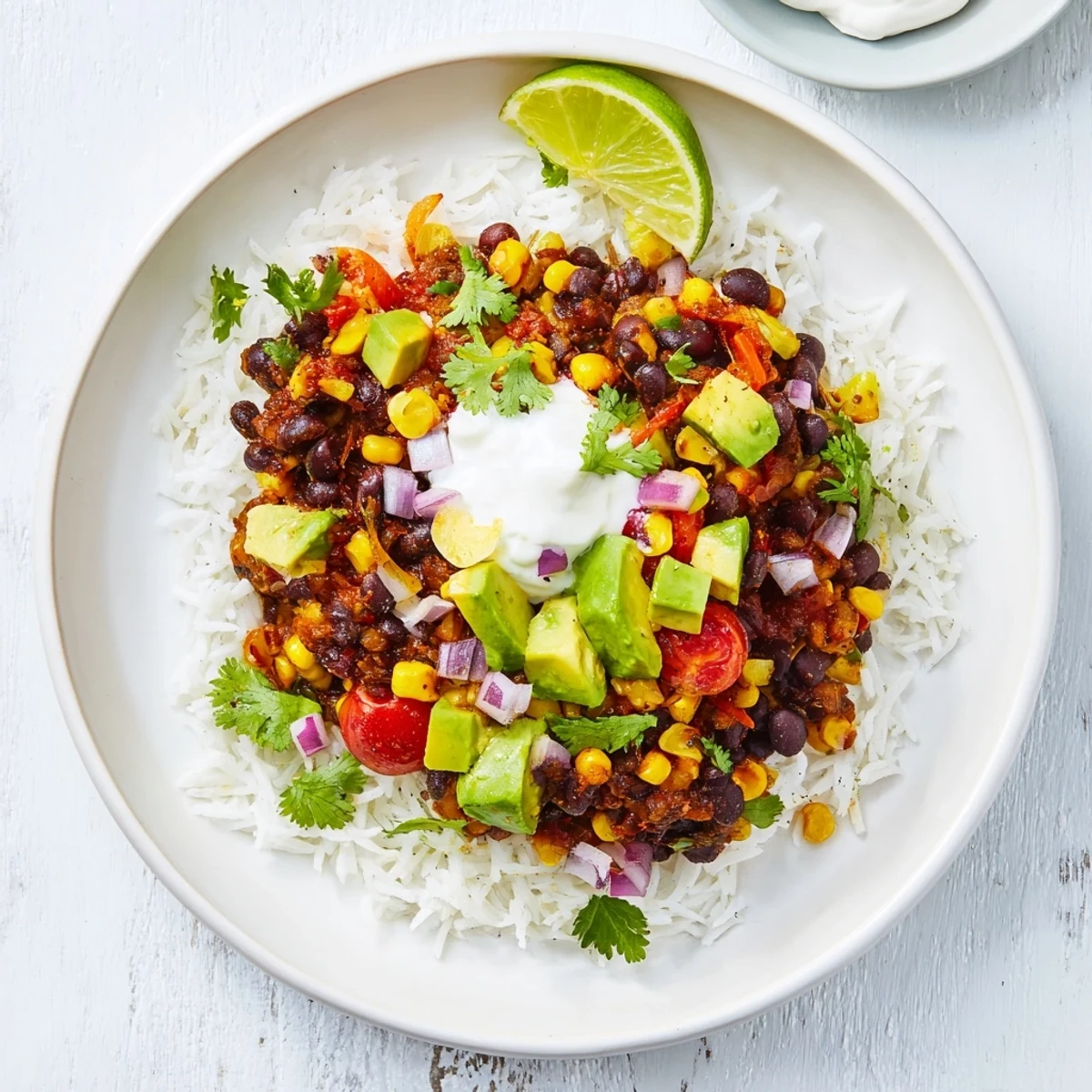 Fluffy rice, vibrant beans, and sweet corn topped for a flavorful Rice, Bean, and Corn Burrito Bowl.