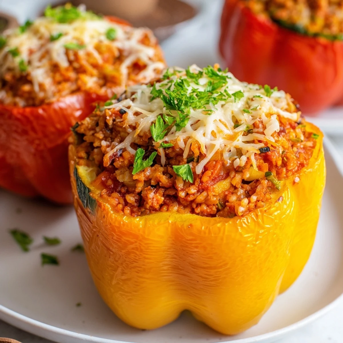 Golden, bubbly cheese tops the savory stuffed peppers with ground turkey and colorful vegetables, fresh from the oven.