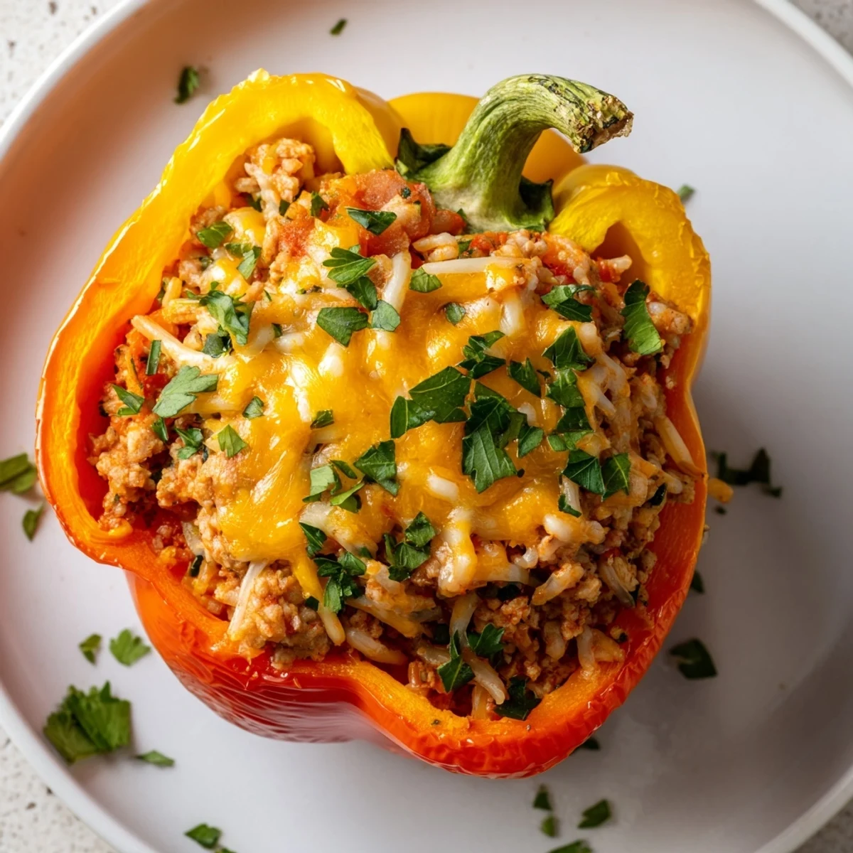 A close-up of vibrant stuffed peppers with ground turkey, filled with flavorful rice, ready for a delicious meal.