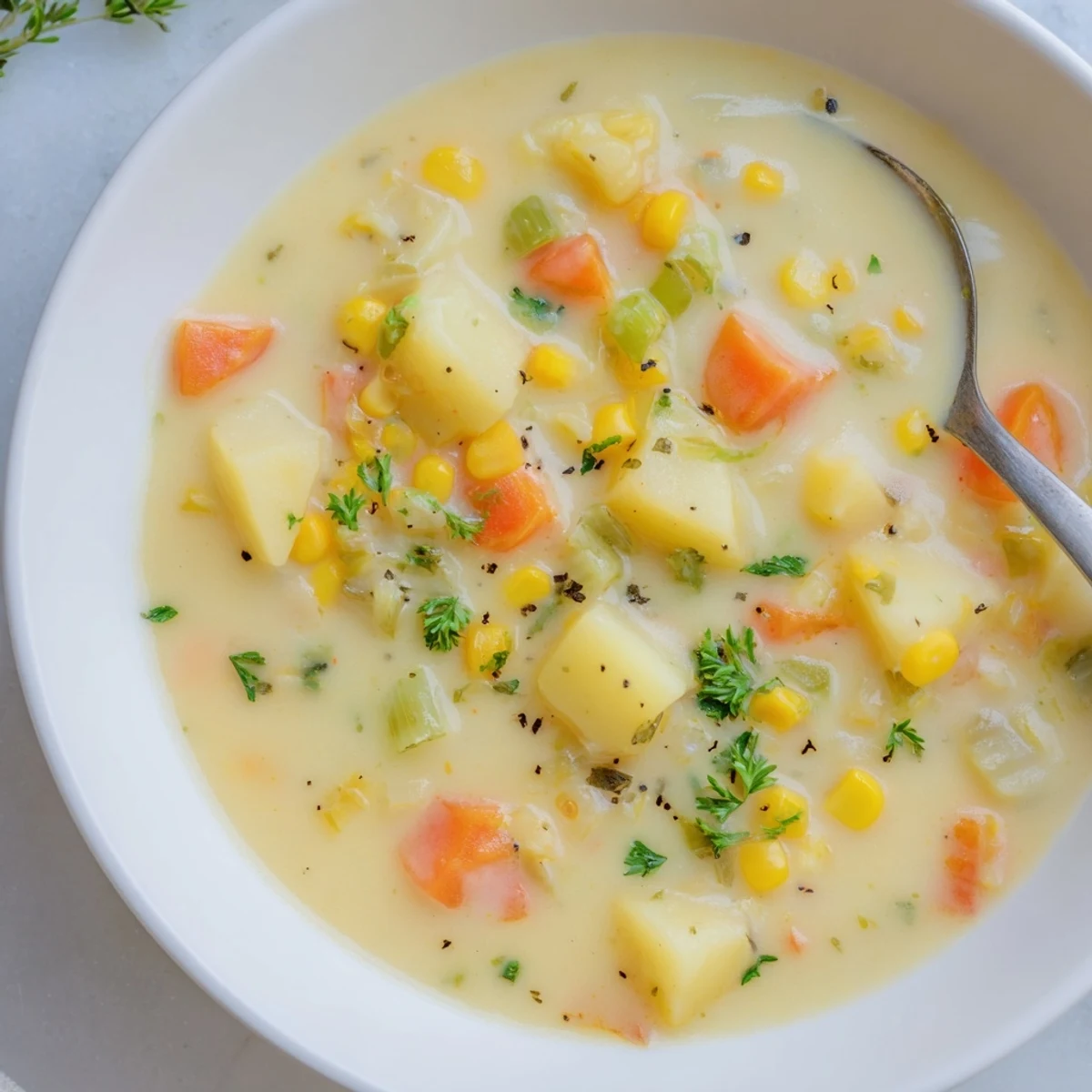 Steaming bowl of Corn & Potato Chowder with golden corn and creamy potatoes ready to enjoy.