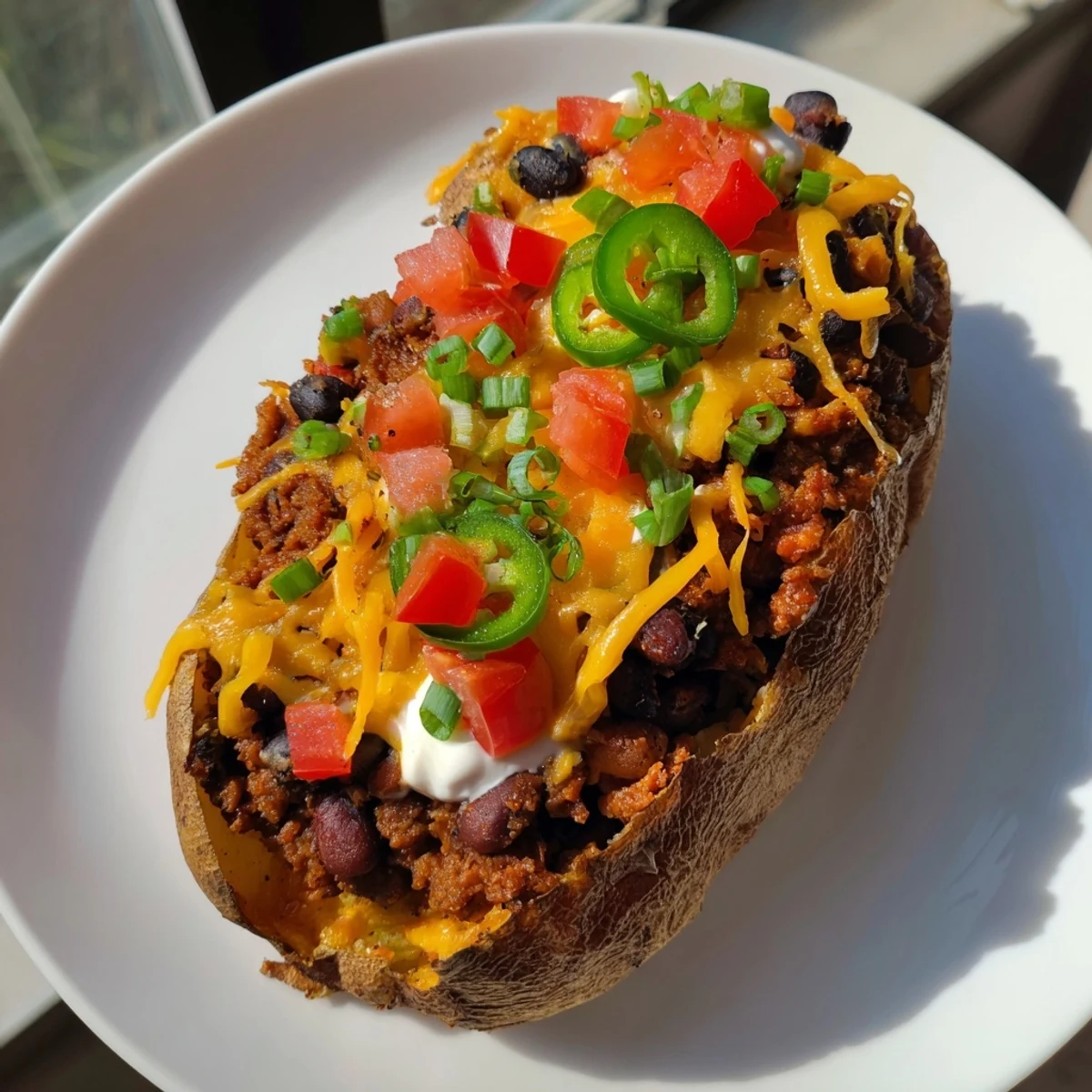 Fluffy baked Loaded Baked Potatoes with chili and cheese, perfect comfort food, ready to serve!