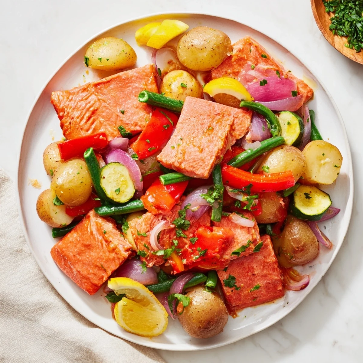 Golden salmon and potato skillet with herbs; imagine the perfectly cooked salmon.
