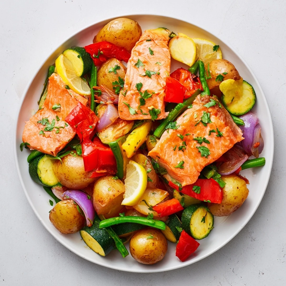 This easy salmon & potato skillet features flaky fish and tender, roasted vegetables.