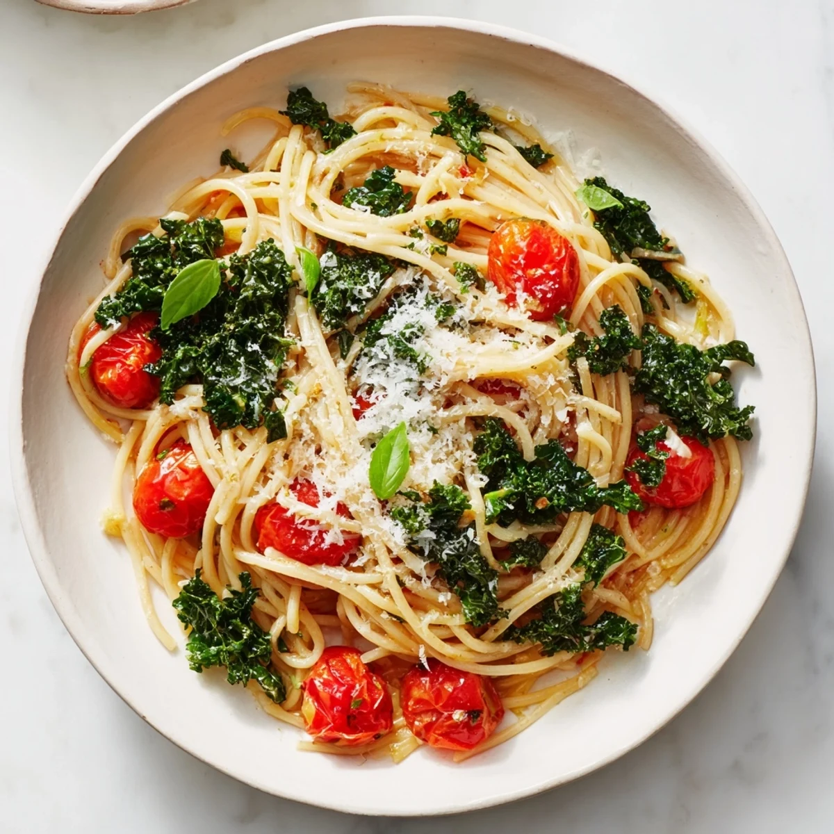 Freshly made one-pot spaghetti with kale and tomatoes, a flavorful Italian-inspired dinner.