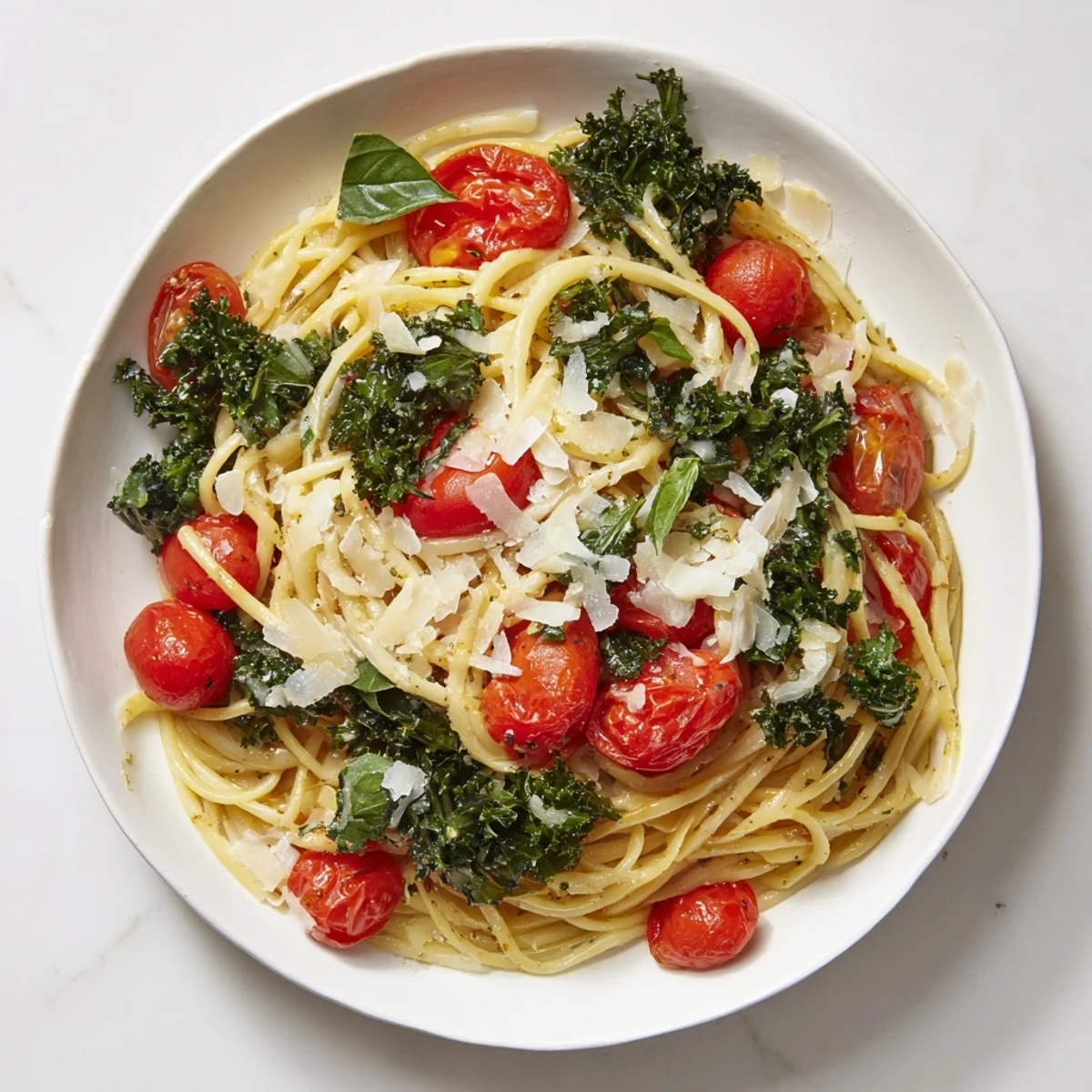 Steaming one-pot spaghetti showcases vibrant kale and juicy tomatoes alongside perfectly cooked pasta.