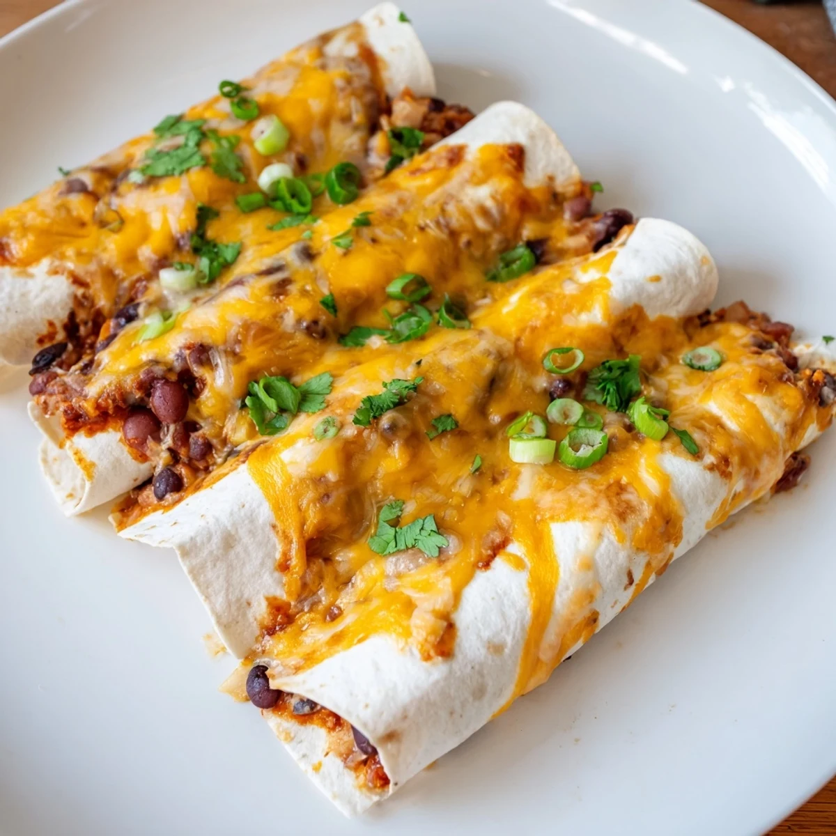 Golden, bubbly Cheesy Bean Enchiladas are ready to serve with a garnish of cilantro and green onions.