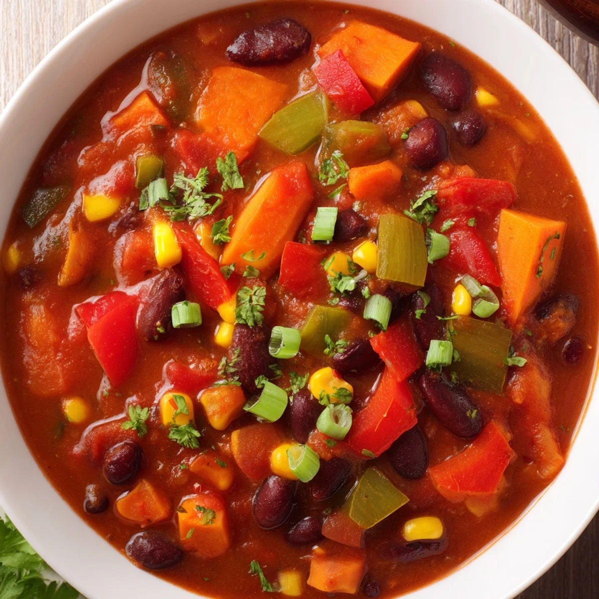 Steaming bowl of veggie chili, garnished with cilantro, promises a flavorful vegan meal.