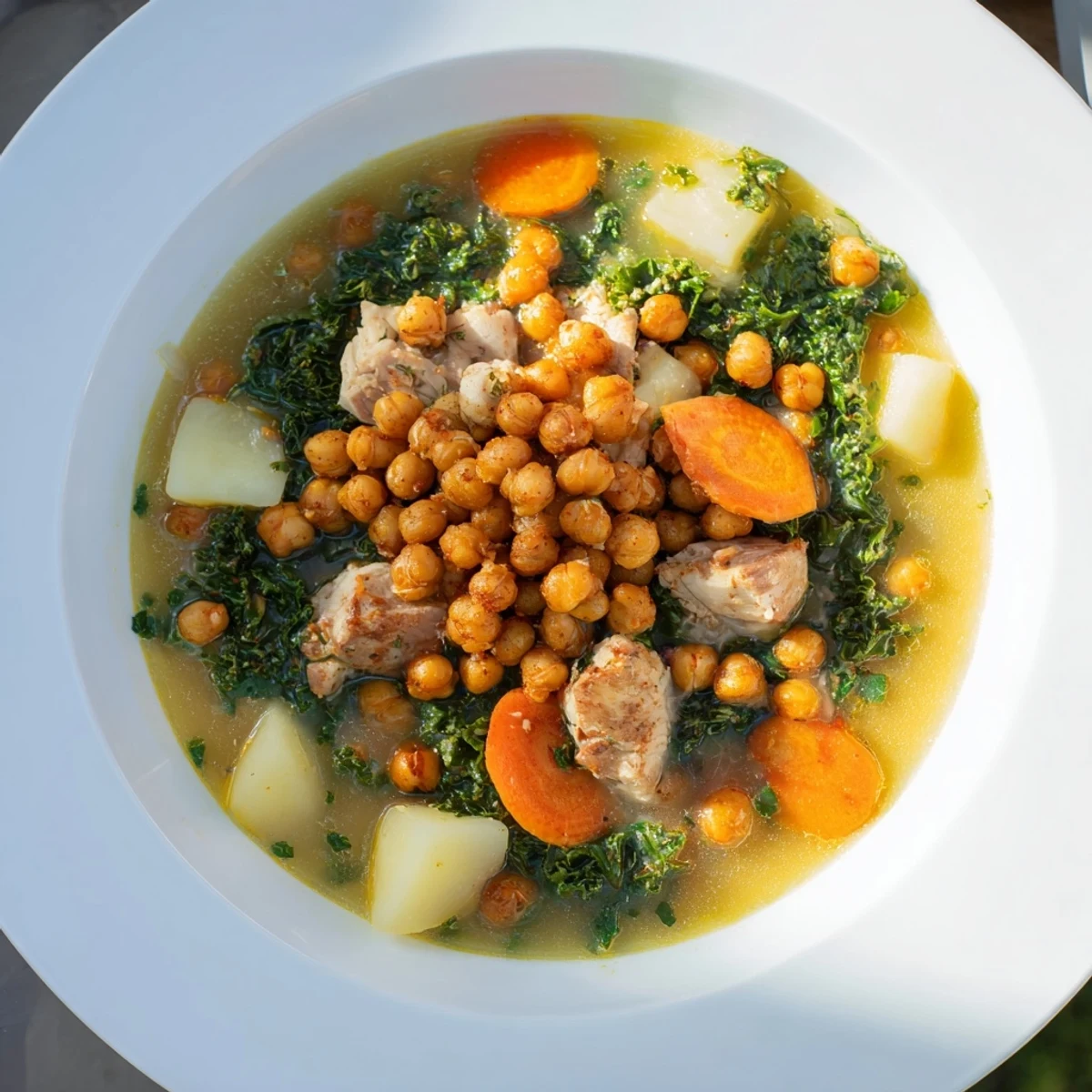 Steaming bowl of Chicken Kale Soup with crispy chickpeas, a vibrant and healthy American meal.