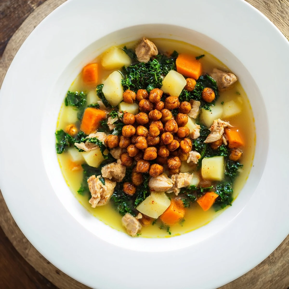 This image shows a close up of Chicken Kale Soup, garnished with roasted chickpeas and lemon.