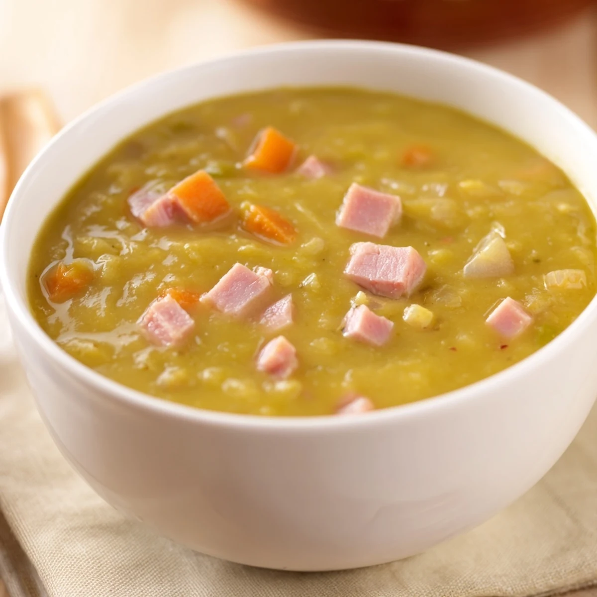 Steaming bowl of Hearty Split Pea and Ham Soup, with visible chunks of ham and vegetables, perfect for a cold evening.