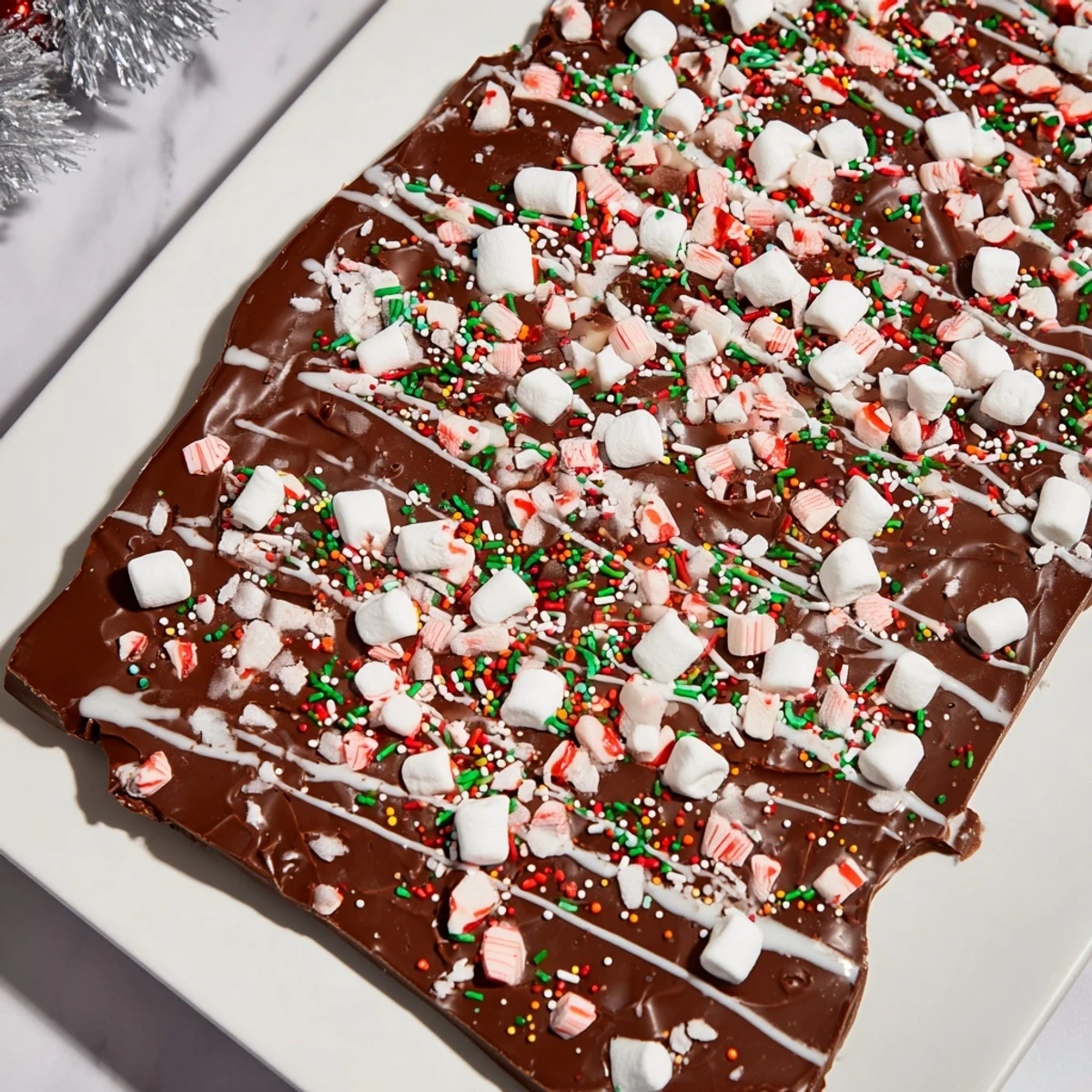 Rich, dark chocolate Viral Hot Chocolate Bomb Bark topped with white chocolate drizzle, cocoa, and marshmallows.