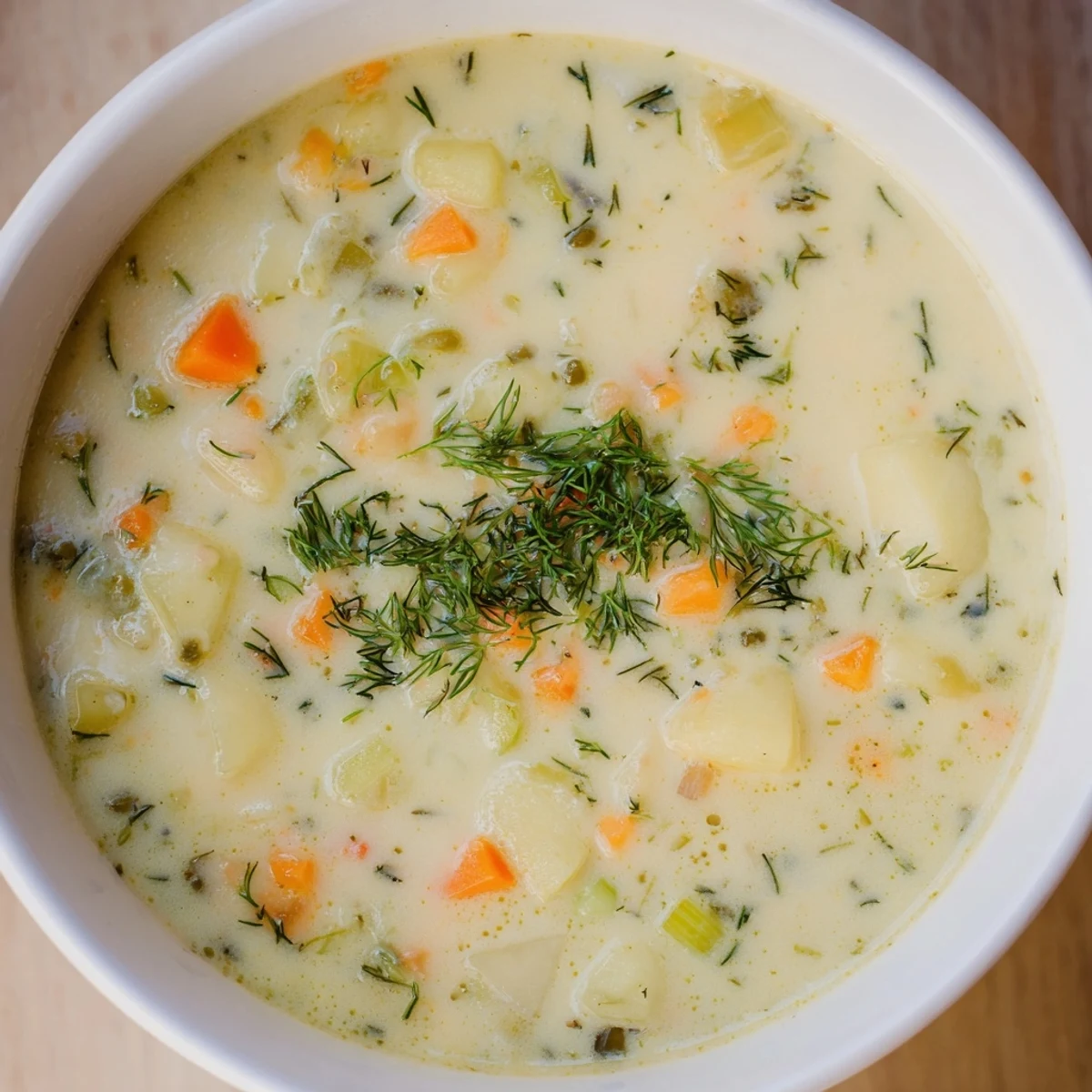 Creamy dill pickle soup, steaming hot in a bowl, perfect for a cozy, flavorful lunch.