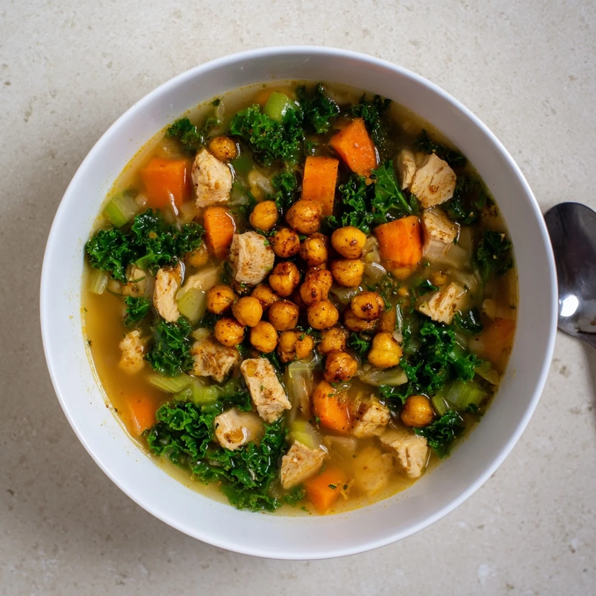 Fragrant Chicken Kale Soup swimming with tender chicken and bright green kale, topped with crispy chickpeas.