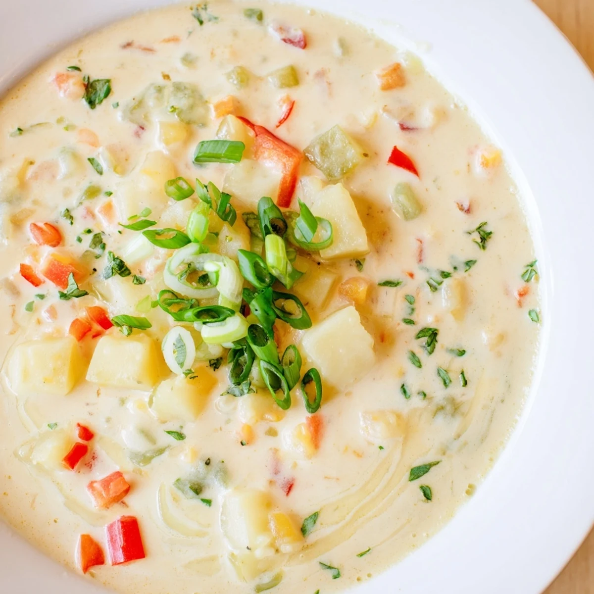 Steaming bowl of Slow Cooker Cajun Potato Soup, thick and creamy with visible vegetables.