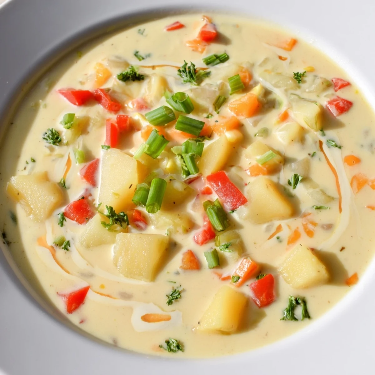 Close-up of hearty Slow Cooker Cajun Potato Soup with tender potatoes and delicious Cajun spices.