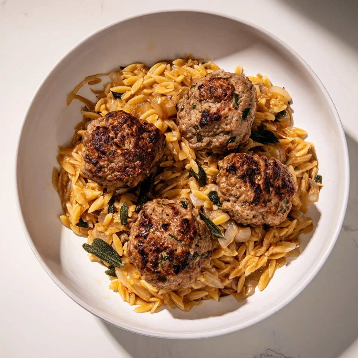 A close-up of savory sage turkey meatballs served with creamy, flavorful pumpkin orzo.