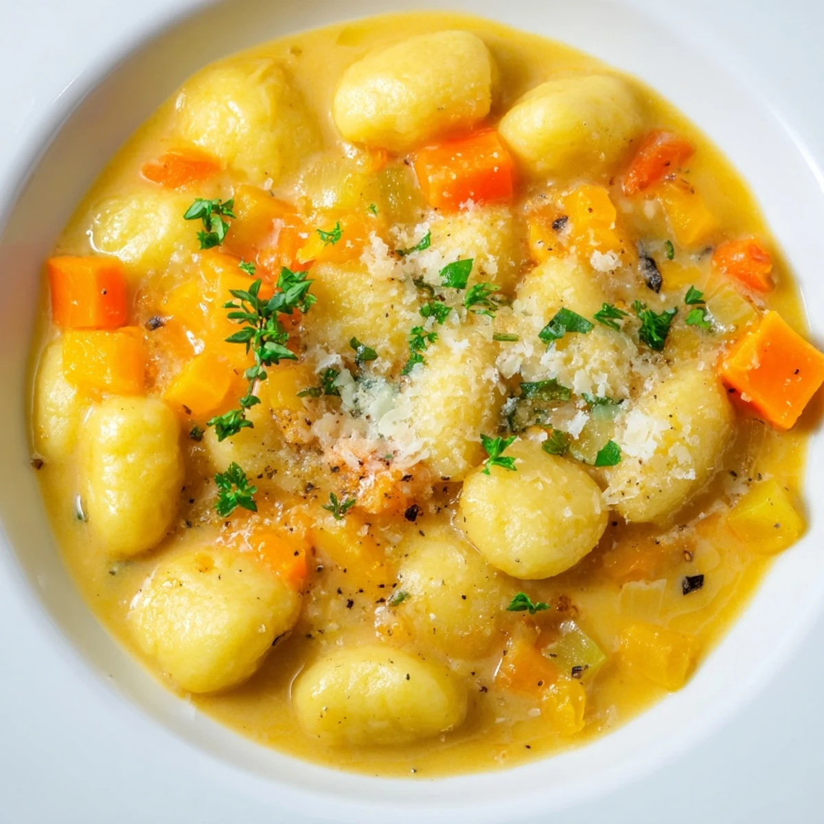 Steaming Savory Butternut Squash Gnocchi Soup with visible gnocchi, a comforting vegetarian dinner option.
