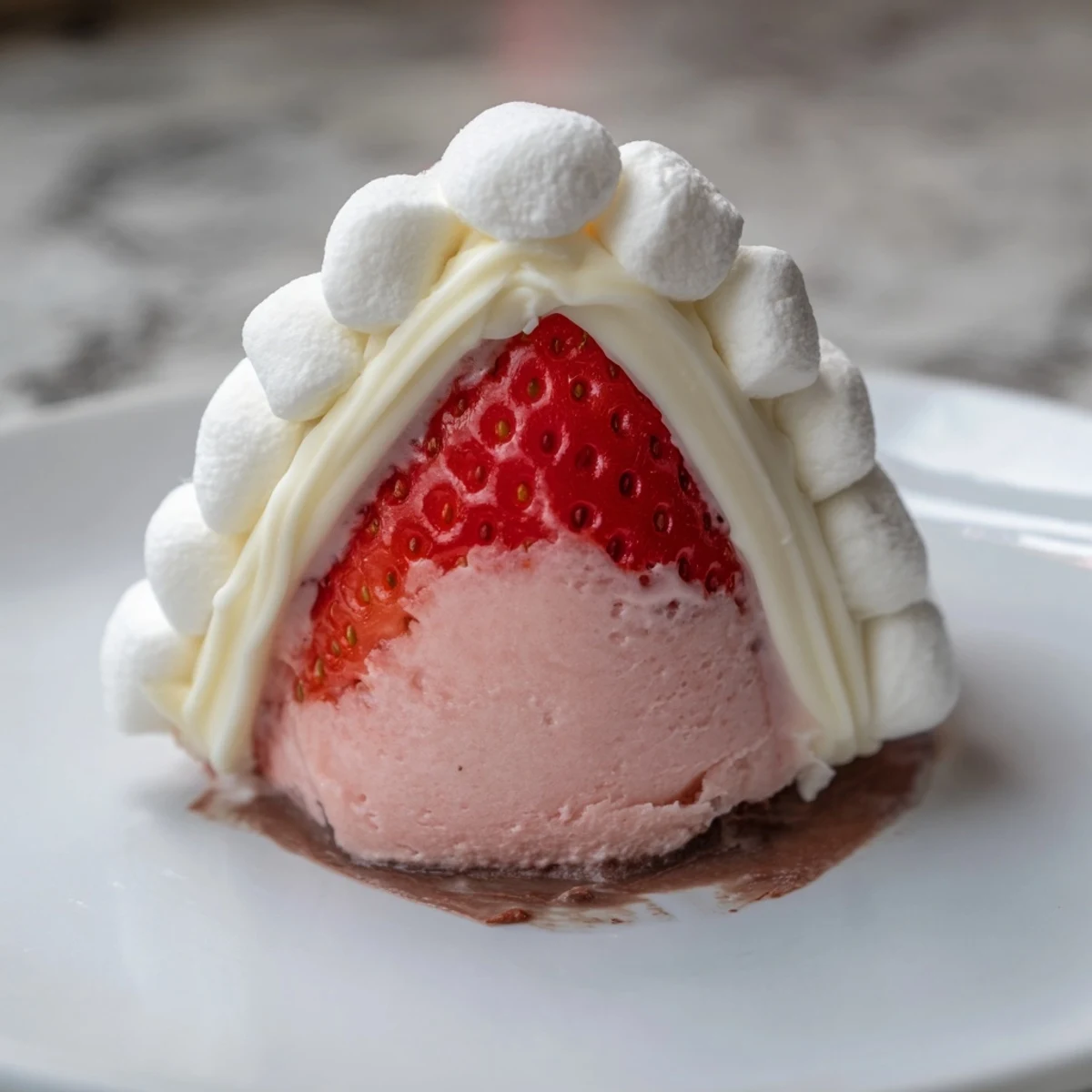 Close-up of freshly made Air Fryer Santa Hat Strawberries: juicy berries, sweet filling and a charming marshmallow topping.