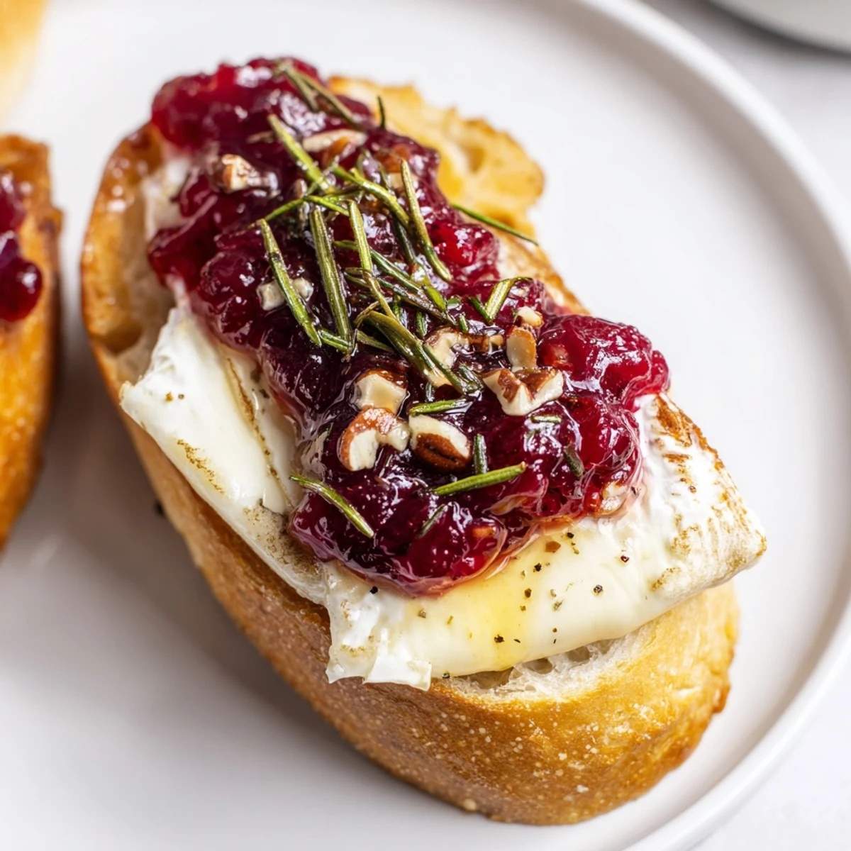 Golden, toasted baguette slices topped with melted Brie and vibrant cranberry sauce for Quick Cranberry Brie Crostini.
