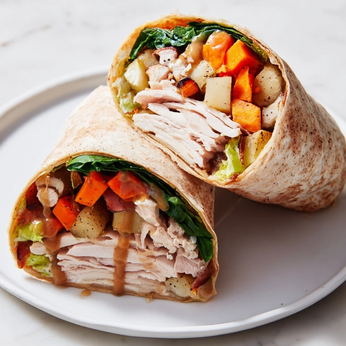 Simple Christmas Leftover Wrap Hack: A hearty wrap filled with vibrant holiday leftovers, ready in minutes.