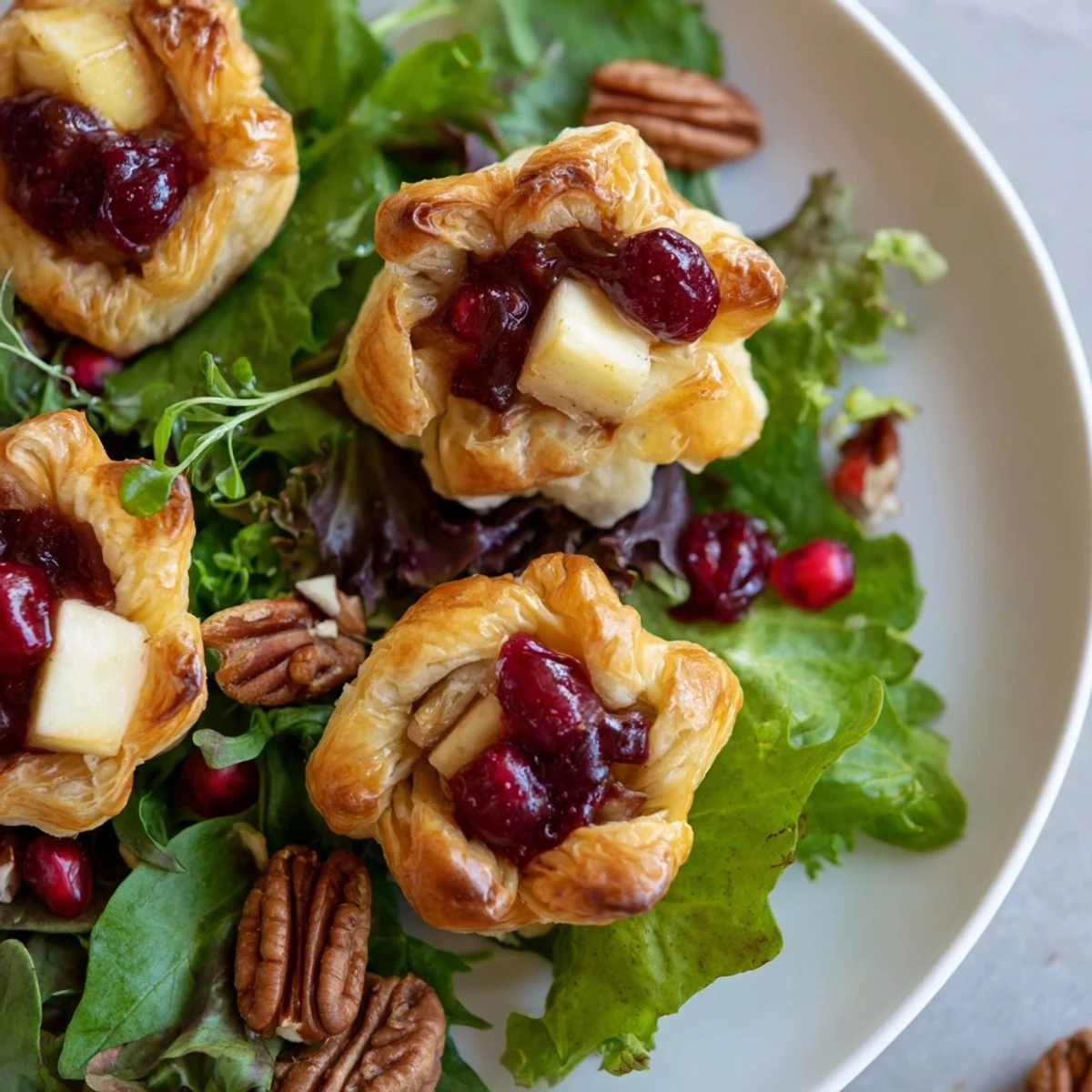 Golden, flaky Cranberry and Brie Flower Bites, bursting with melted brie and cranberry filling.