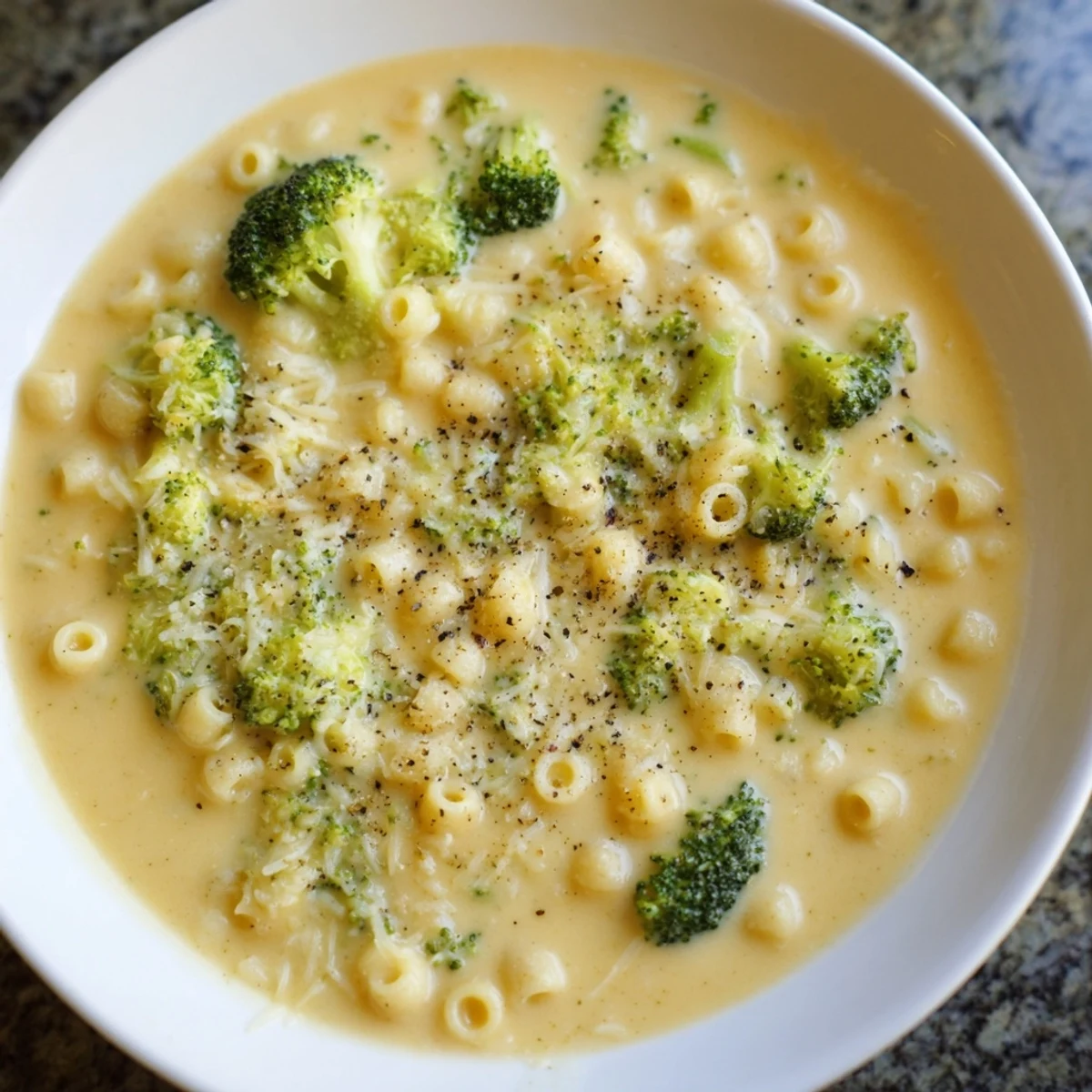 Close-up of creamy One-Pot Broccoli Cheddar Ditalini Soup, with visible broccoli and pasta, bubbling gently.