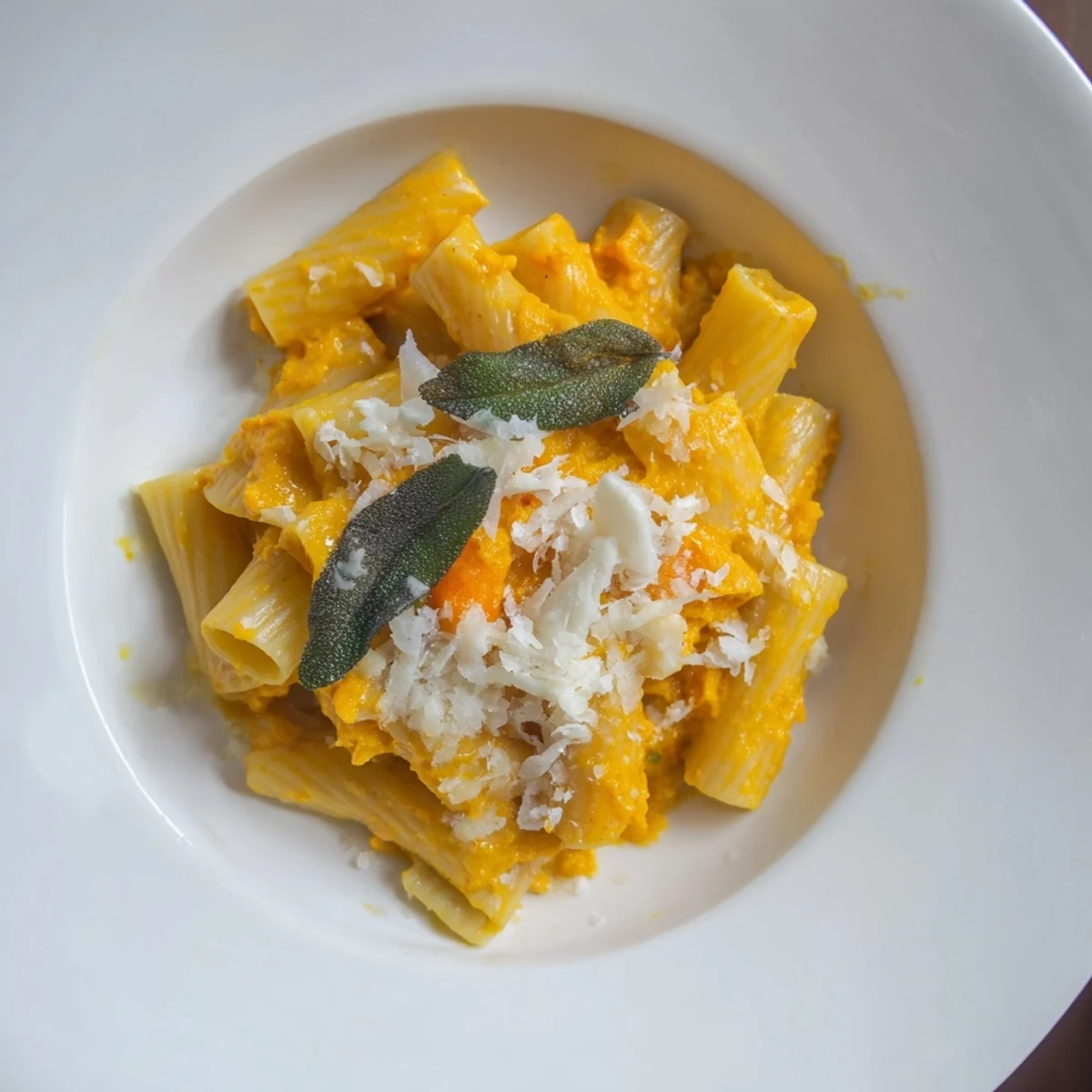 Golden roasted butternut squash and sage goat cheese pasta, ready to serve with crispy sage topping.