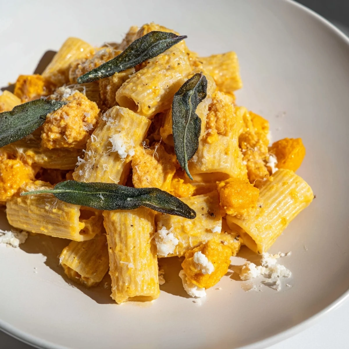 Warm bowl of Roasted Butternut Squash and Sage Goat Cheese Pasta, with fresh sage garnish.