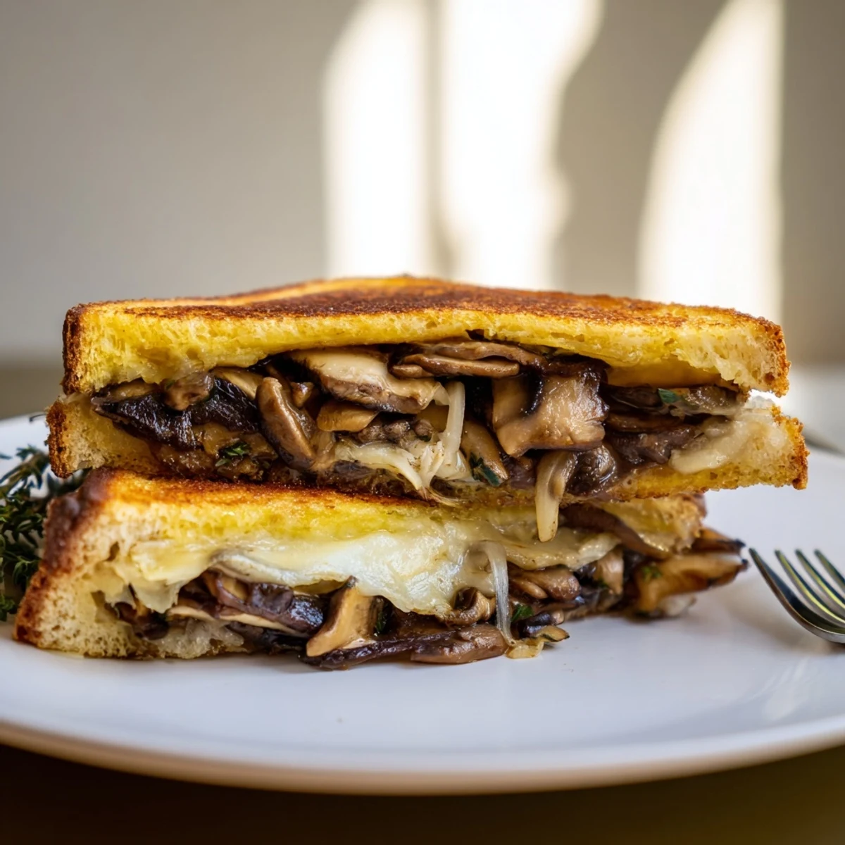 Golden, melty Roast Garlic Mushroom & Thyme Grilled Cheese, showcasing crispy bread and oozing cheese.