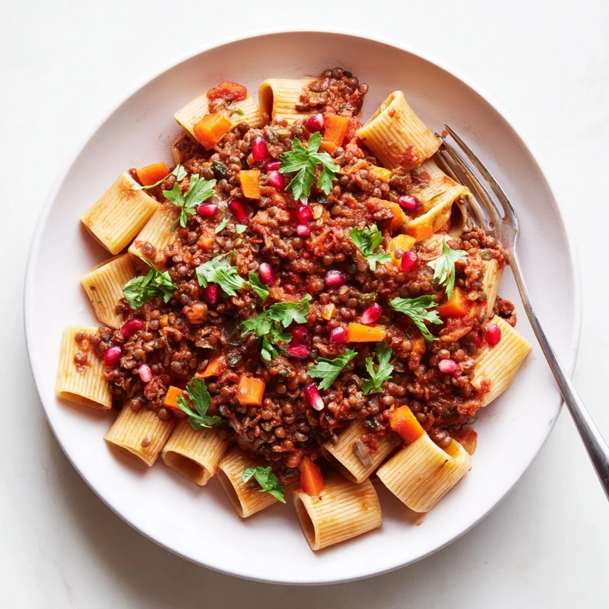 Close-up of a flavorful High-Fiber Lentil Bolognese, a rich tomato sauce with visible herbs and pasta strands.