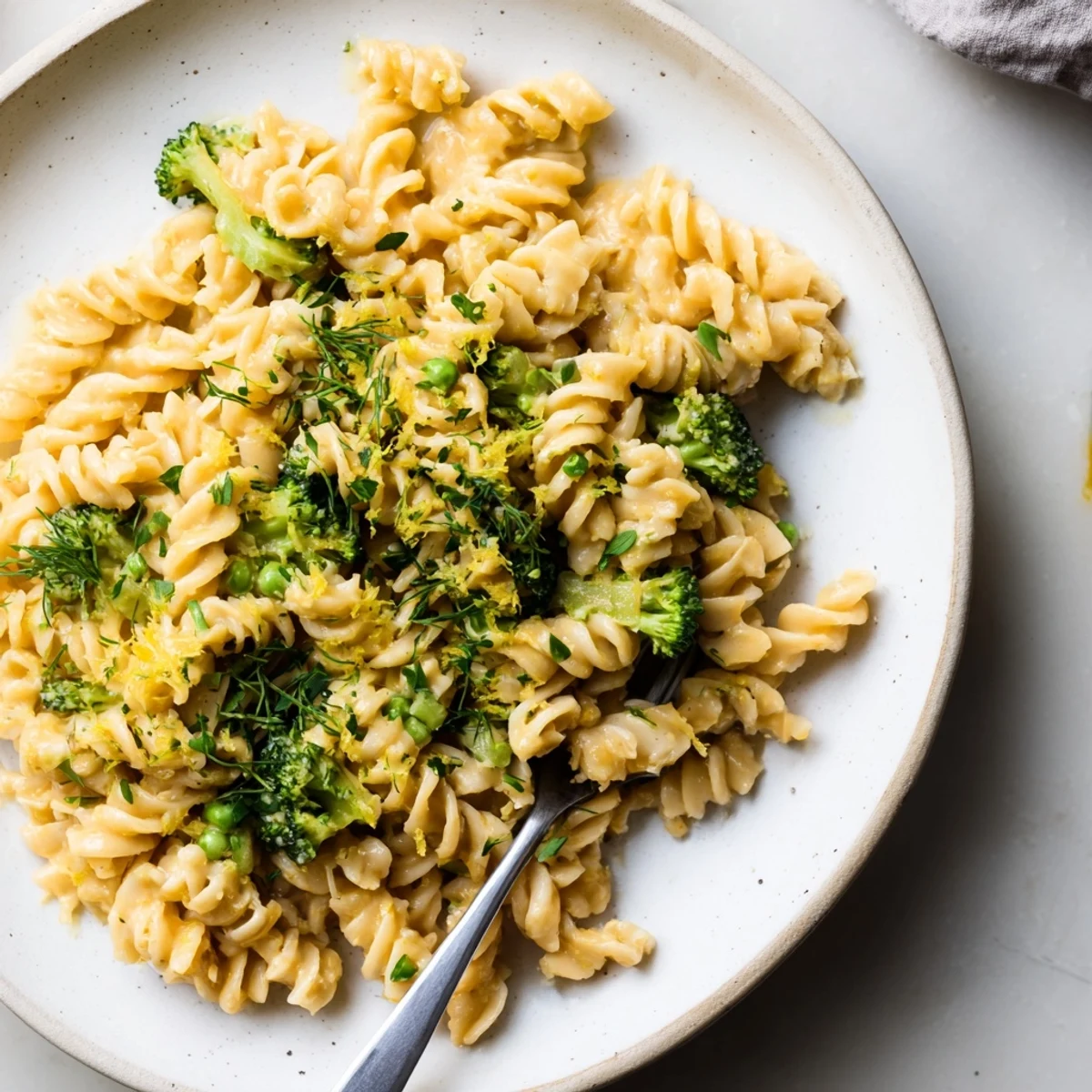 Bright green Green Goddess Broccoli Cheddar One-Pot Pasta, a comforting one-pot dinner, ready to serve.